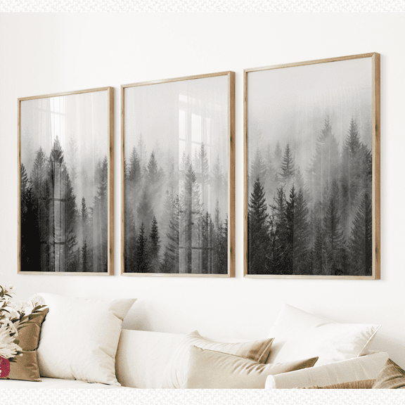 Black White Forest Pine Tree Landscape Poster Set Set 3 , Poster Only