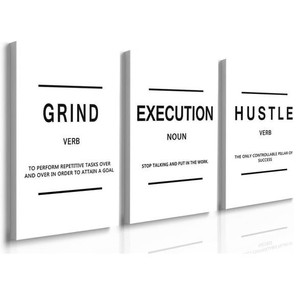 Black and White Framed Canvas Inspirational Painting Wall Art Grind Hustle Execution Motivational Wall Art Decoration Posters Prints for Living Room Bedroom Office Decor Ready to Hang 12"x16"
