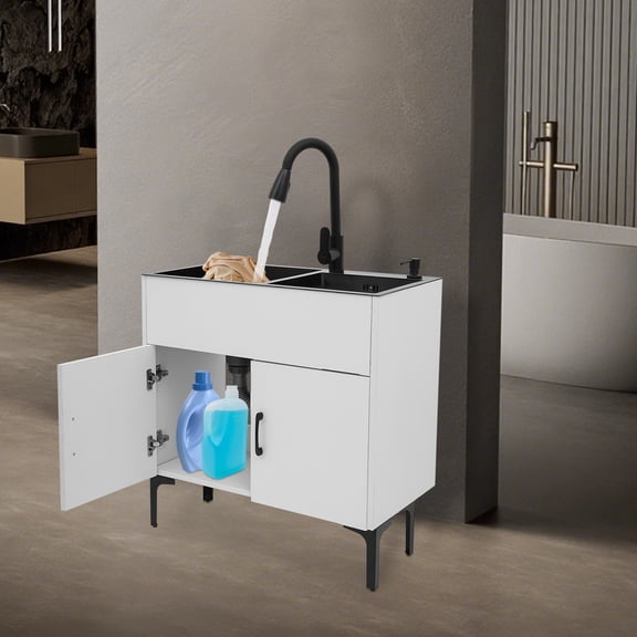 Black+White Freestanding Complete Set Bathroom Kitchen Laundry Sink With Pulled-out Faucet And Storage Cabinet, Good Drainage