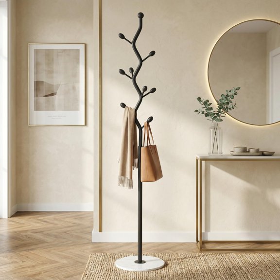 Black + White Freestanding Tree-Branch Coat Rack With Black Metal Frame