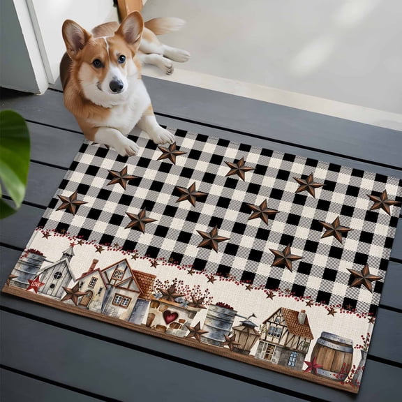 Black White Front Door Rugs 2x3 ft Buffalo Plaid Country Star Barn Barrel Farmhouse Small Rug for Entryway Non Slip Washable Bathroom Door Mat Absorbent Floor Mat for Indoor Entrance