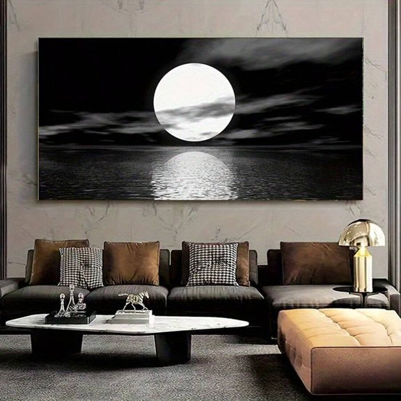 Black and White Full Moon Ocean Reflection Canvas Wall Art, Night Sky Cloud Seascape Painting Poster Print, Minimalist Dark Landscape Wall Decor for Living Room