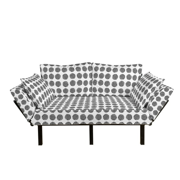 Black and White Futon Couch, Abstract Classic Modern Style Geometry Pattern with Striped Rounds, Daybed with Metal Frame Upholstered Sofa for Living Dorm, Loveseat, Black and White, by Ambesonne