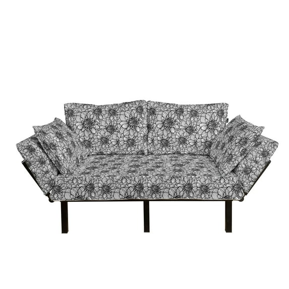 Black and White Futon Couch, Botanical Gardening Plants Hand Drawn Style Dahlia Burst into Blossom, Daybed with Metal Frame Upholstered Sofa for Living Dorm, Loveseat, Black White, by Ambesonne