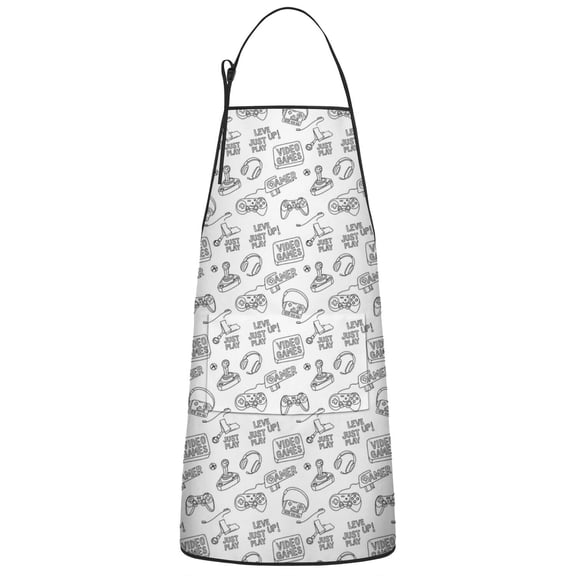Black White Games Pattern White Patter Apron-Garden Aprons for Women with Pockets-Cotton Linen Waterproof Kitchen Cooking Gardening Aprons Adjustable for Kitchen,Cooking,BBQ and Salon 33x27 Inch