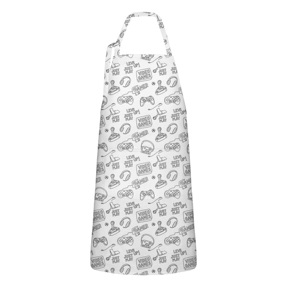Black White Games Pattern White Patter Apron-Garden Aprons for Women with Pockets-Cotton Linen Waterproof Kitchen Cooking Gardening Aprons Adjustable for Kitchen,Cooking,BBQ and Salon 33x27 Inch