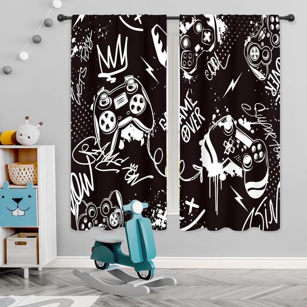 YUANZU Gaming Curtains Rod Pocket Boys Kids Gamer Gamepad Abstract Video Game Player Joystick Print Pattern Window Drapes For Man Teen Youth Nursery Baby Bedroom Playroom W42 X L63 Inch 2