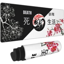Black and White Gaming Mouse Pad with Japanese Cherry Blossom, Extended XL Yin Yang Large Mousepad with Stitched Edges, Big Long Death and Life Desk Mat for Desktop, Keyboard, Computer 31.5*11.8 Inch