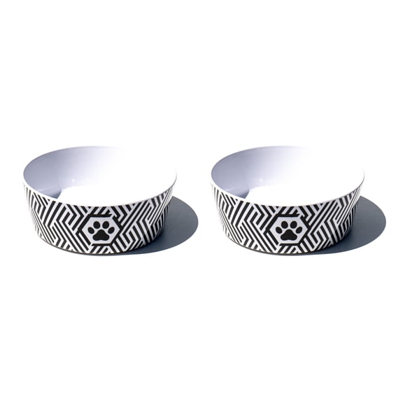 Black & White Geo Paw Melamine Pet Bowl - Large - 5 Cups - Black - Set of 2