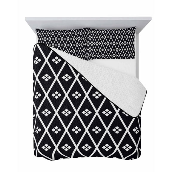 Black and White Geometric 3 Piece Quilt Set Twin Size, Minimalist Argyle Checkered Modern Soft Bedspread Coverlet Bedding Set Microfiber Lightweight Comforter Set with 2 Pillowcases for Bedroom
