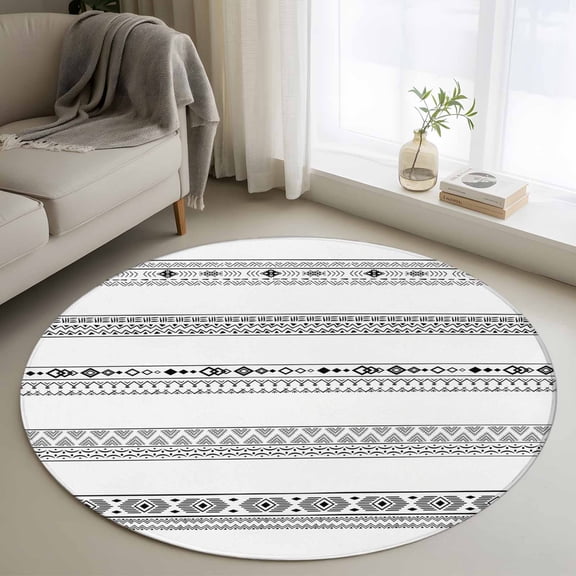 Black White Geometric 3ft Area Rug, Modern Buffalo Plaid Abstract Art Washable Non-Slip Small Round Rugs for Entryway Bedroom Kitchen, Soft Circle Carpet for Dining Room, Playroom Nursery Rug