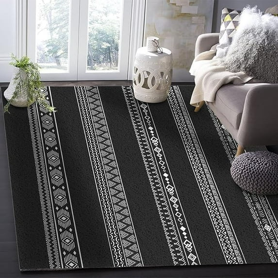 Black White Geometric Area Rug, Striped Plaid Abstract Art Indoor Rug Non-Slip Machine Washable Soft Carpet For Living Room Bedroom Dining Room 3 x 4ft
