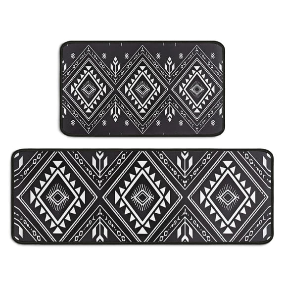 Black and White Geometric Boho Pattern Kitchen Rugs Sets Of 2,Anti Fatigue Kitchen Mat Rugs Non Slip Washable,Decorative Kitchen Floor Mats for Kitchen,Sink,Laundry,17"X30"+17"X47"