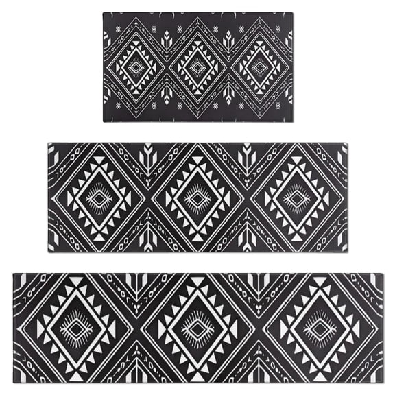 Black and White Geometric Boho Pattern Kitchen Rugs Sets Of 3,Kitchen Runner Rugs Non Skid Washable,Decorative Kitchen Floor Mats for Kitchen,Sink,Laundry,17"x30"+ 17"x47" + 17"x59"