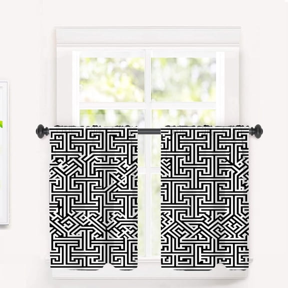 Black White Geometric Cafe Curtains 36 Inch Length, Greek Key Texture Blackout Tier Curtain Multilayer Polyester Short Kitchen Drapes 2 Pack 36X26 Inches