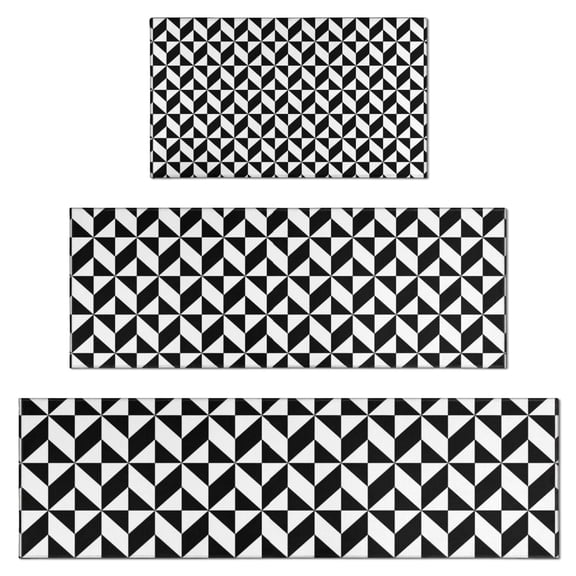 Black White Geometric Checkered Pattern Kitchen Rugs Sets Of 3,Kitchen Runner Rugs Non Skid Washable,Decorative Kitchen Floor Mats for Kitchen,Sink,Laundry,17"x30"+ 17"x47" + 17"x59"