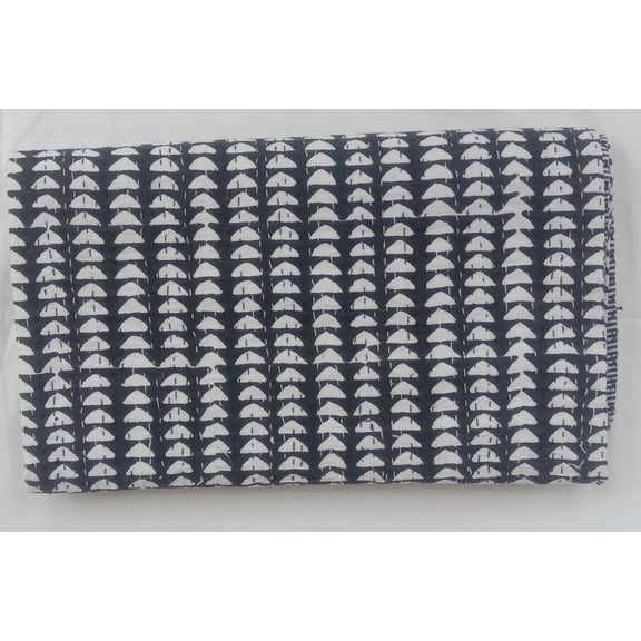Black White Geometric Indian Kantha Quilt Handmade Cotton Bedspread, Natural Dye Throw, Reversible Boho Bedding