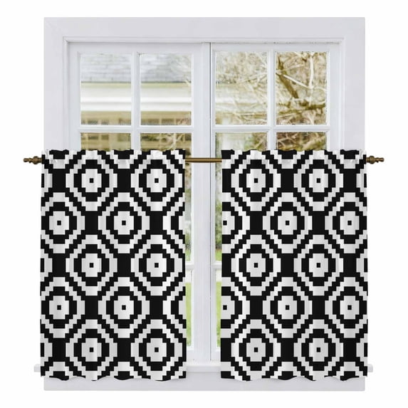 Black White Geometric Kitchen Curtain for Berdoom Living Room Cafe 45 Inch Length, Modern Abstract Art Tiers Curtains Light Filtering Drapes Rod Pocket Window Treatment 2 Panels 52"Wx45"L