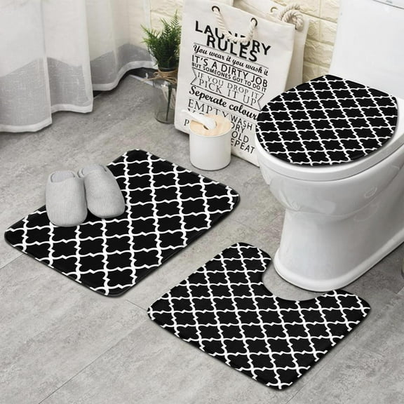 Black and White Geometric Lattice Pattern Bathroom Rugs Sets 3 Piece,Toilet Cover Set,Absorbent Non Slip Bathroom Mats Sets with U-Shaped Contour Rug Toilet Rug Set