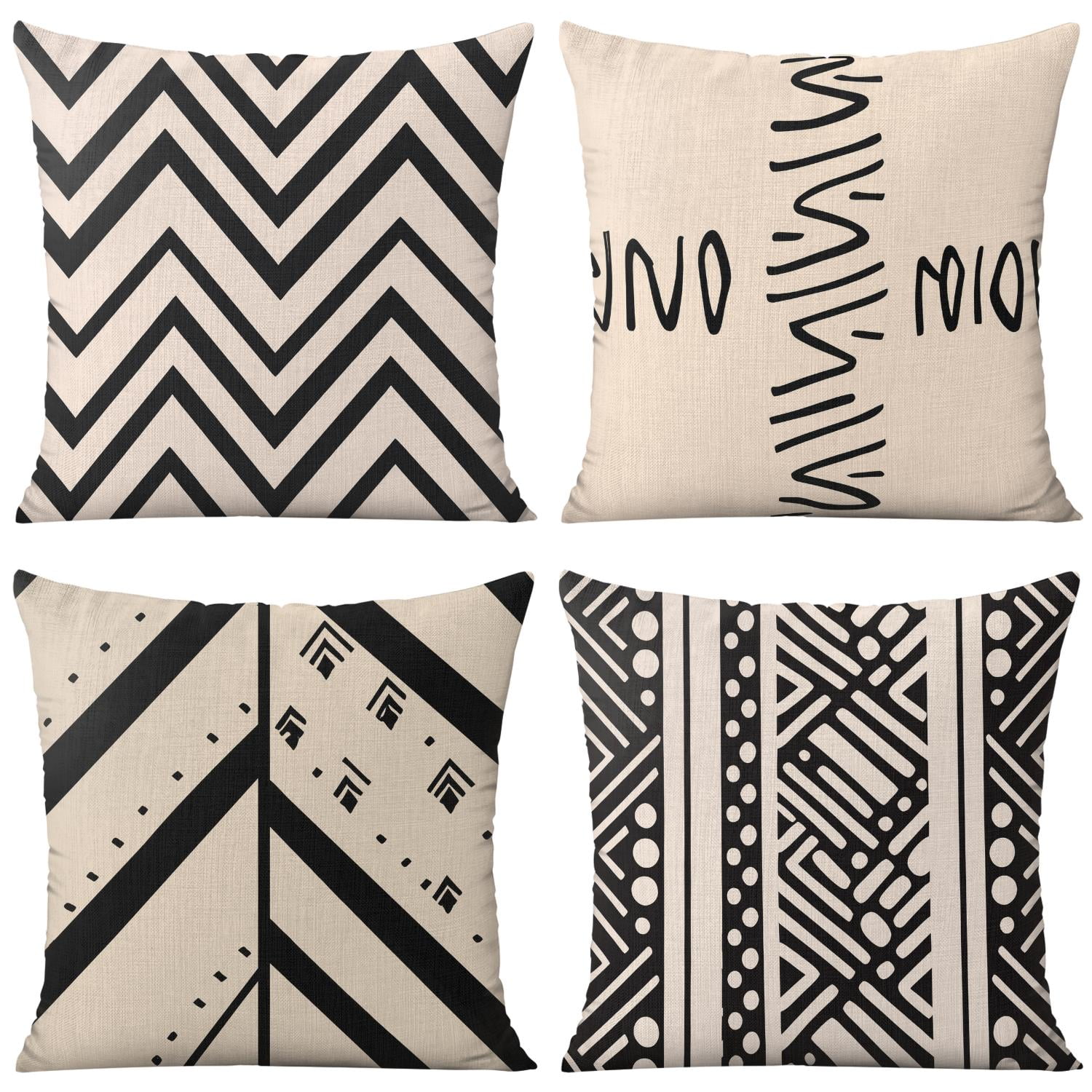 Black and White Geometric Lines Of Borders Decor Throw Pillow Covers 16 X 16 Inch, Set Of 4, Linen Study Sofa Cushion Cover Indoor Living Room Home Decor