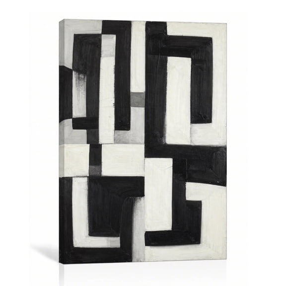 Black White Geometric Maze Wall Art Abstract Canvas Print Monochrome Gallery Wrapped Canvas Office Decor 16"L x 24"W