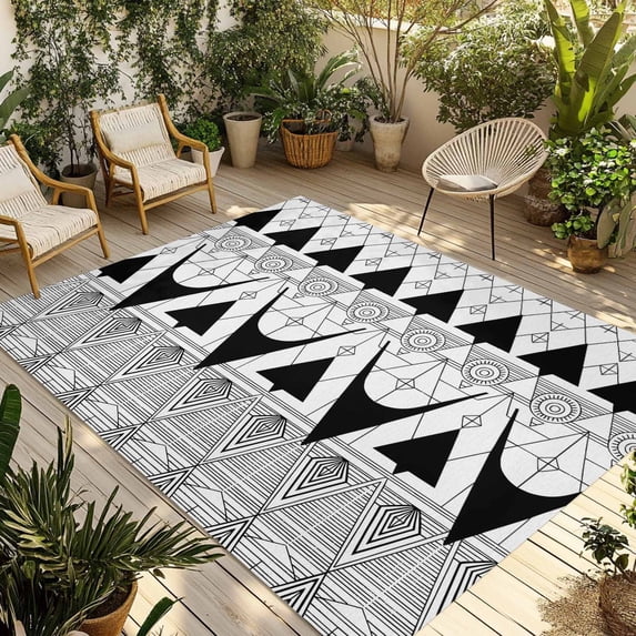Black White Geometric Outdoor Rug 5x8 Ft - Reversible Patio Rug Outdoor Camping Rugs, Vintage Art Striped Washable Indoor Outdoor Area Rugs, Non-Slip Outdoor Carpet Runner for Deck/Porch
