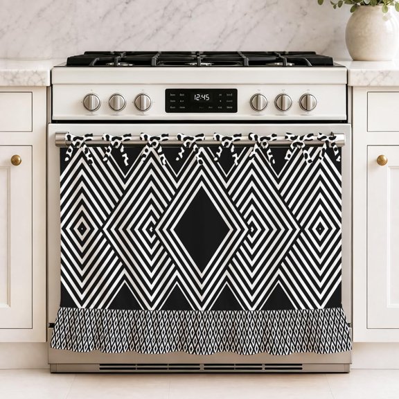 Black White Geometric Oven Skirts Modern Abstract Boho Farmhouse Tie Top Oven Curtain for Door Decorative Stove Cover Dishwasher Cover for Cottage Kitchen Decor