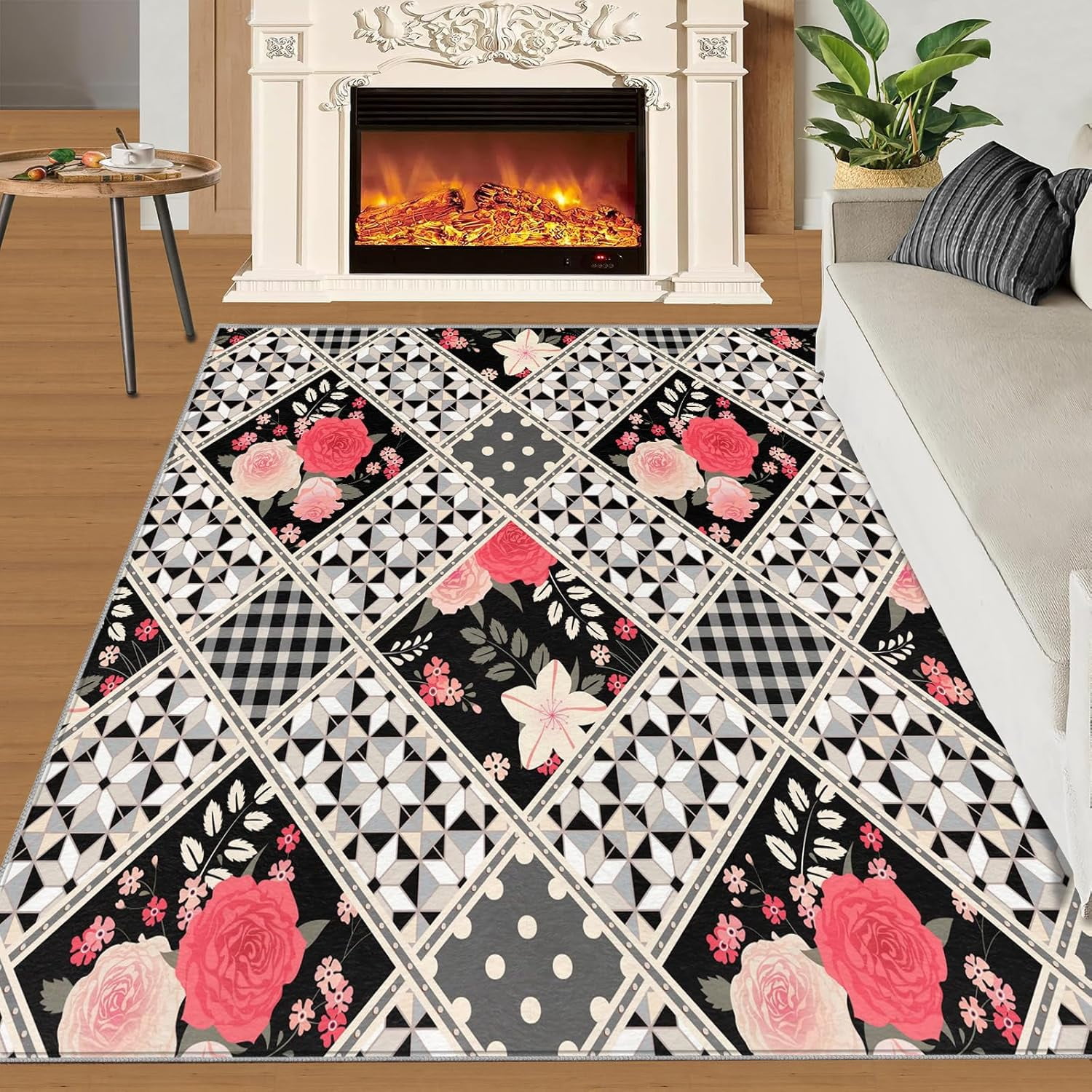 Black White Geometric Pattern Area Rug - Beautiful Rose Rug For Girls ...