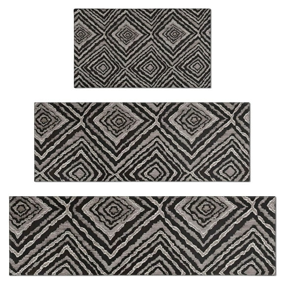 Black and White Geometric Pattern Kitchen Rugs Sets Of 3,Kitchen Runner Rugs Non Skid Washable,Decorative Kitchen Floor Mats for Kitchen,Sink,Laundry,17"x30"+ 17"x47" + 17"x59"