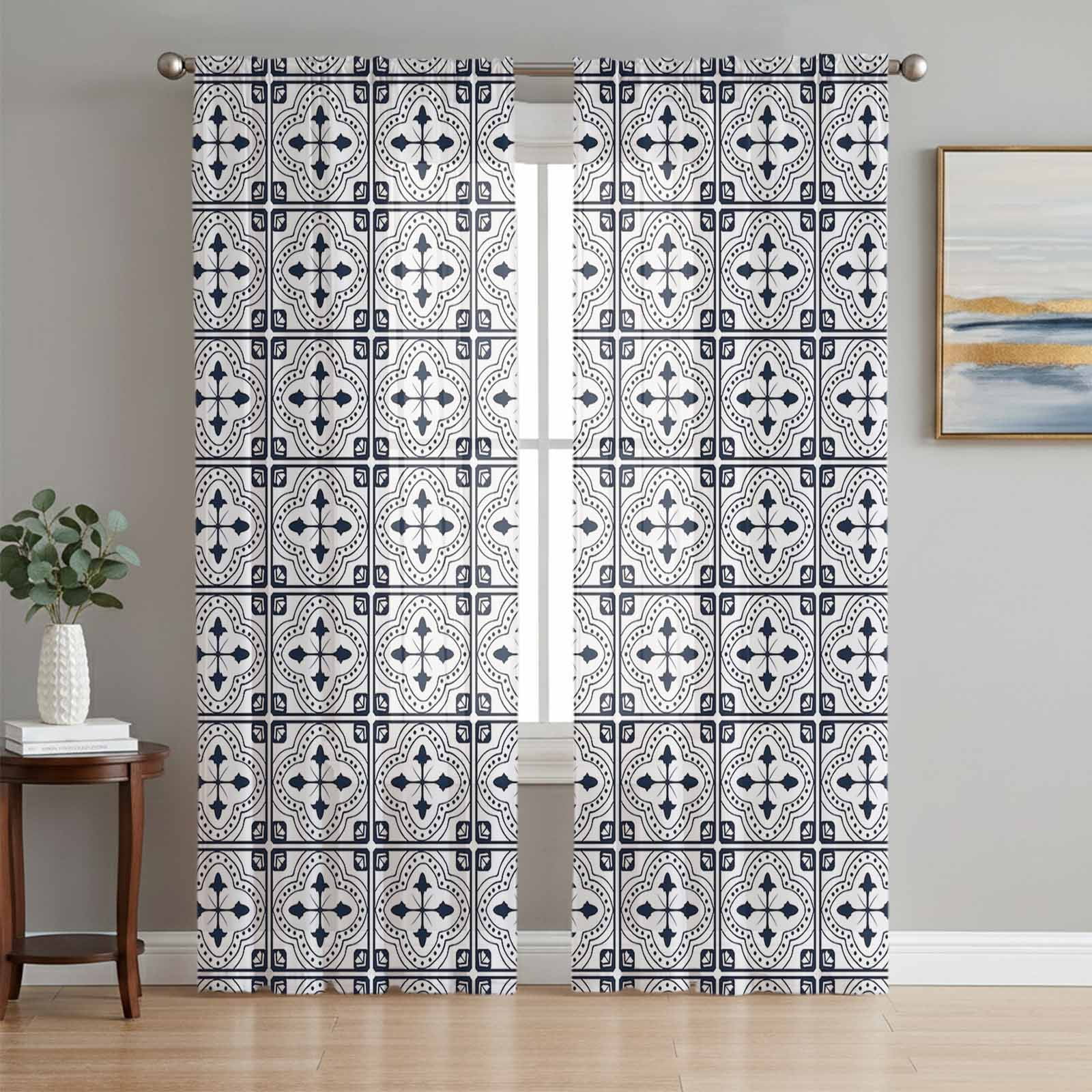 Black White Geometric Semi Sheer Curtains 108 Inch Length 2 Panels Set ...