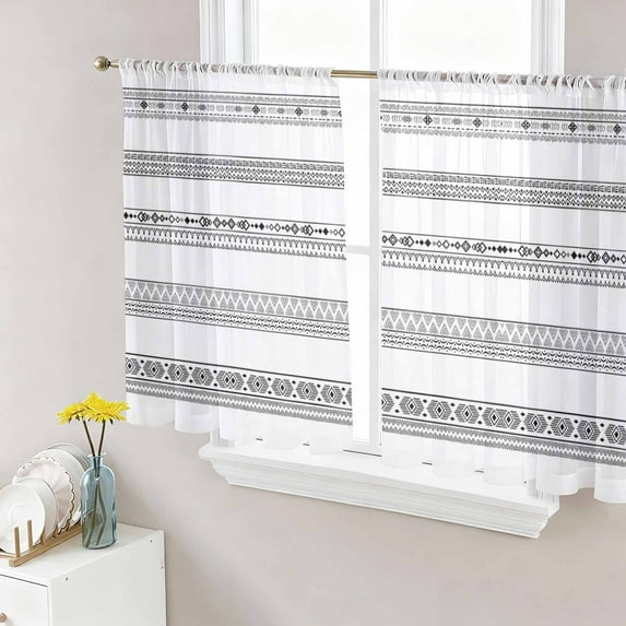 Black White Geometric Semi Sheer Curtains 54 Inch Length 2 Panels Set, Modern Buffalo Plaid Abstract Art Sheer Kitchen Curtain Privacy Voile Window Curtain for Living Room Bedroom Rod Pocket Drapes