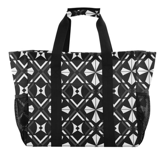 Black White Geometric Shapes Reusable Grocery Bags with Handle Side Pocket Waterproof Shopping Portable Tote