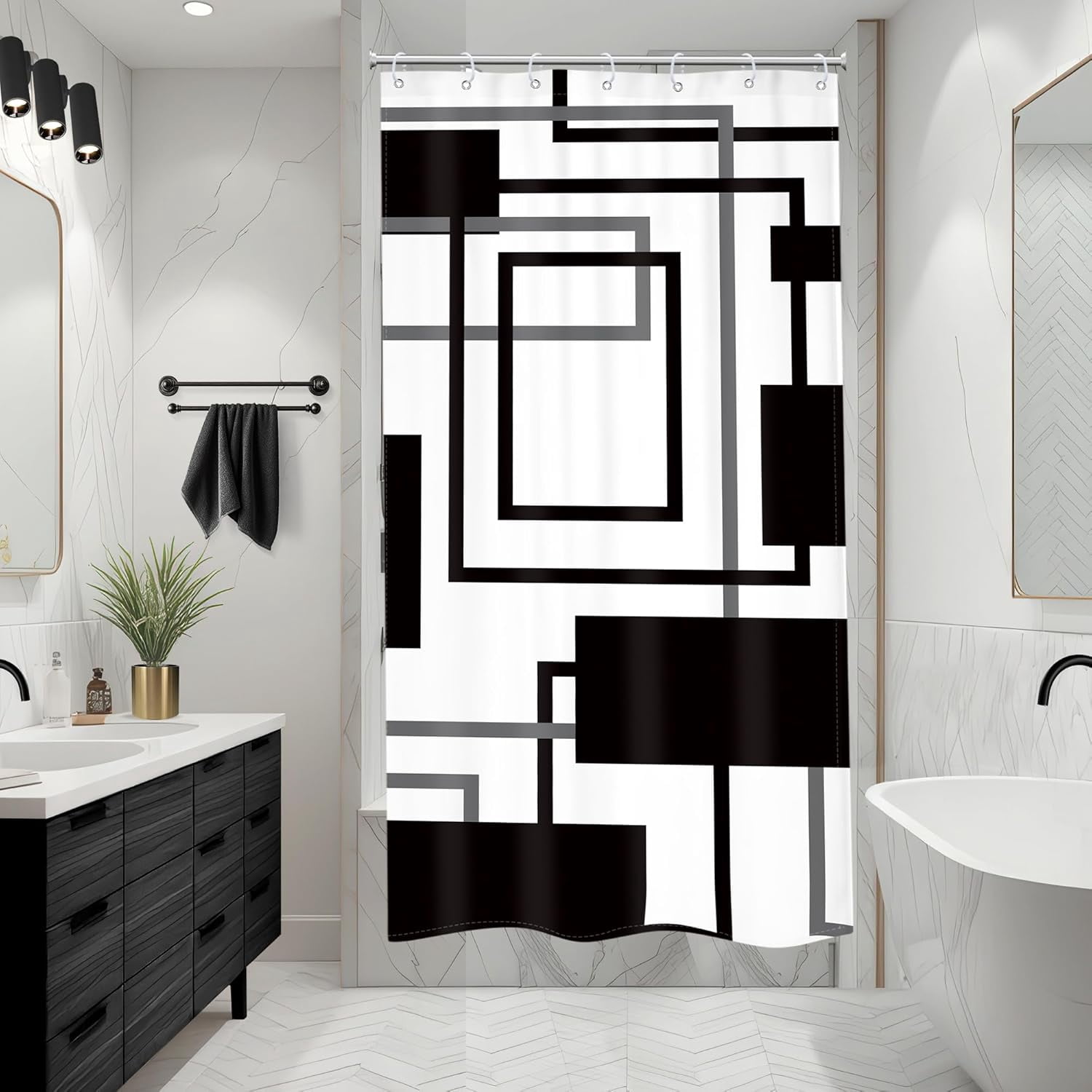 Black White Geometric Shower Curtain for Bathroom Decor 36Wx72H Stall ...
