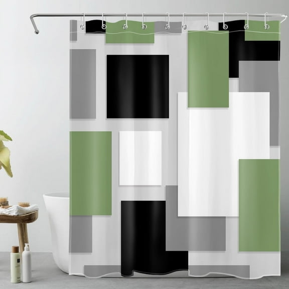 HVEST Modern Geometric Shower Curtain, Abstract Green and White Geometric Bathroom Curtain Modern Polyester Fabric Decor Curtain with Hooks, 60X72 inch