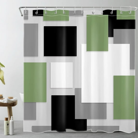 Black and White Geometric Shower Curtain Decor, Abstract Mid Century Modern Green Gray Shower Curtains for Bathroom Polyester Fabric Bathroom Decoration Curtains with 12 Hooks,72X72 inch