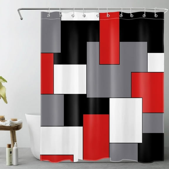 HVEST Black and Red Geometric Shower Curtain, Abstract Black and White Geometric Bathroom Curtain Modern Polyester Fabric Decor Curtain with Hooks, 60X72 inch