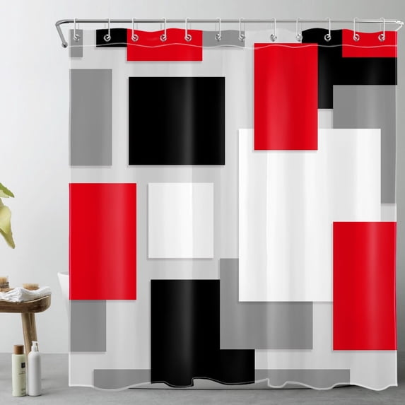 Black and White Geometric Shower Curtain Decor, Abstract Mid Century Modern Red Gray Shower Curtains for Bathroom Polyester Fabric Bathroom Decoration Curtains with 12 Hooks,72X78 inch