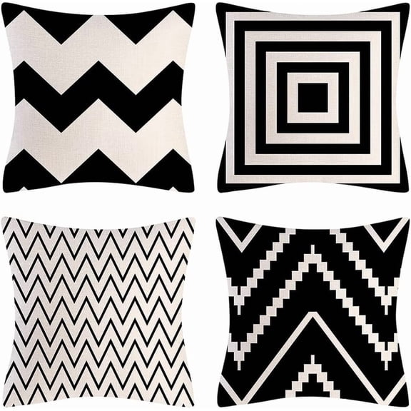 Black and White Geometric Throw Pillows Farmhouse Decorative Chevron Zigzag Throw Pillow Case Indoor Outdoor Cushion Cover Linen Pillowcase for Couch Living Room Bedroom 18 x 18 Inch Set of 4