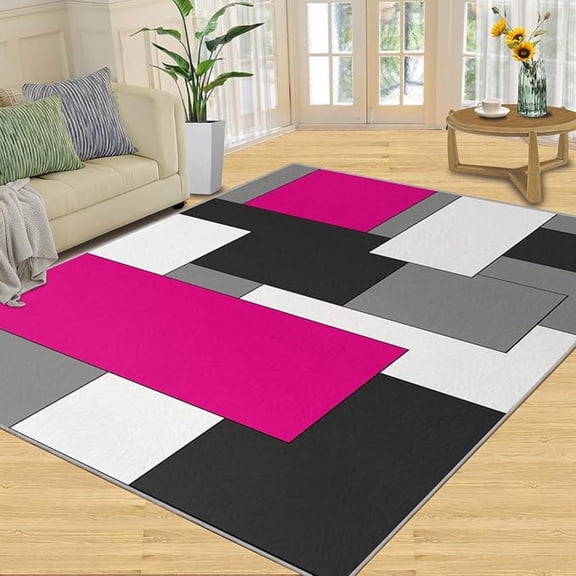 Black And White Geometry Area Rug, Abstract Color Blocks Purple And Black Large Rugs, With Anti-Slip Easy Clean Carpet For Living Room Bedroom Kitchen Dining Room Home Office 4x5ft