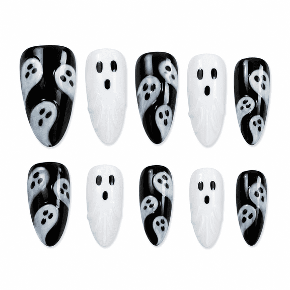 Black White Ghost Press on Nails, Medium Almond Glossy False Nails with Raised Detail, 30 Count