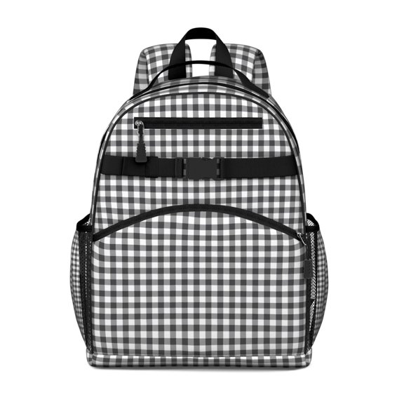 Black White Gingham Checkered Pattern Backpack for School,Cute School Bag,Schoolbag with Adjustable Shoulder Straps & Padded Back,15.25"x11.5"x5.25"