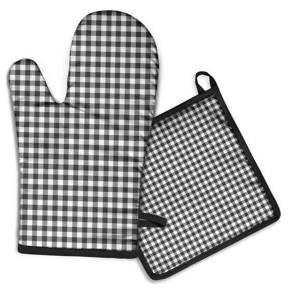 Black White Gingham Checkered Pattern Kitchen Oven Mitt and Pot Holder Sets 2 Pcs for Baking, Cooking and Grilling, Heat Resistant Up To 392 °F
