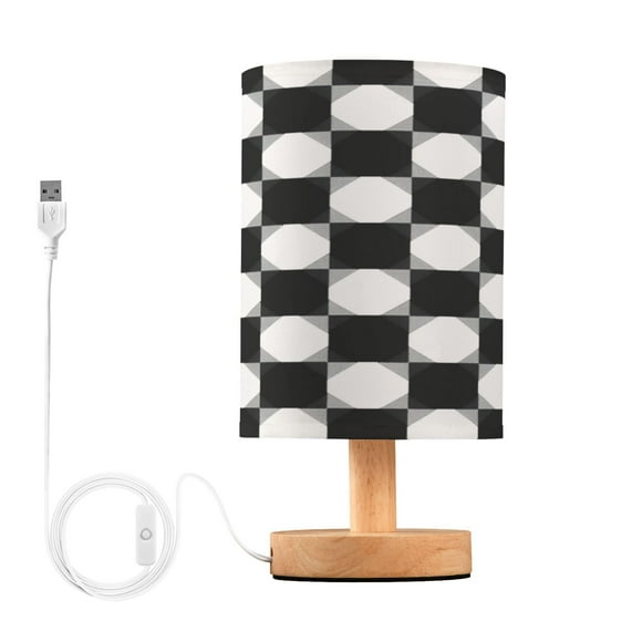 Black and White Gingham Pattern Small Lamp Printed Gifts Table Lamp USB Bedside Desk Nightstand Lamp Wood Base for Bedroom Living Room Office Desk College Dorm