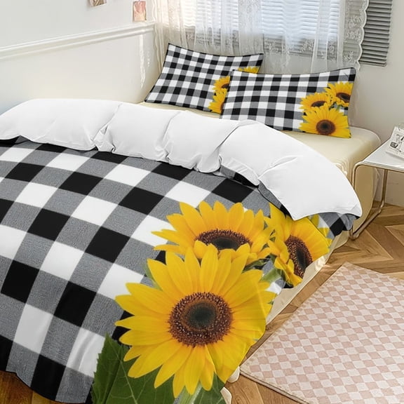 Black White Gingham Sunflowers Duvet Cover Set Bedding Set Polyester Quilt Cover for Bedroom Decoration