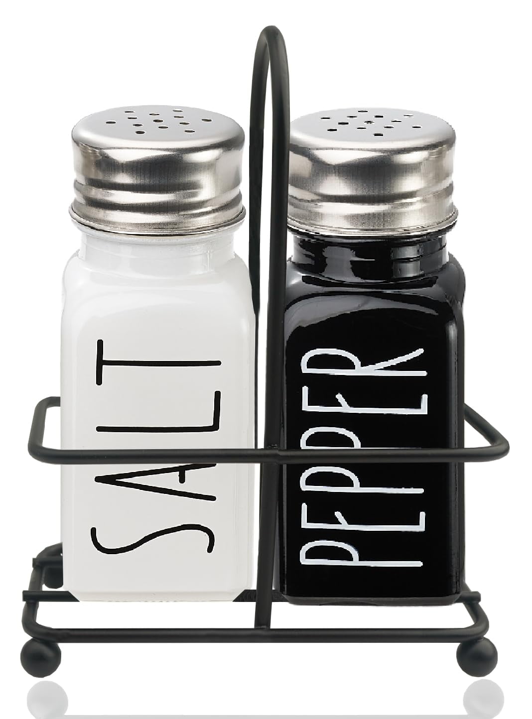 Black and White Glass Salt and Pepper Shakers with Stainless Steel Lid