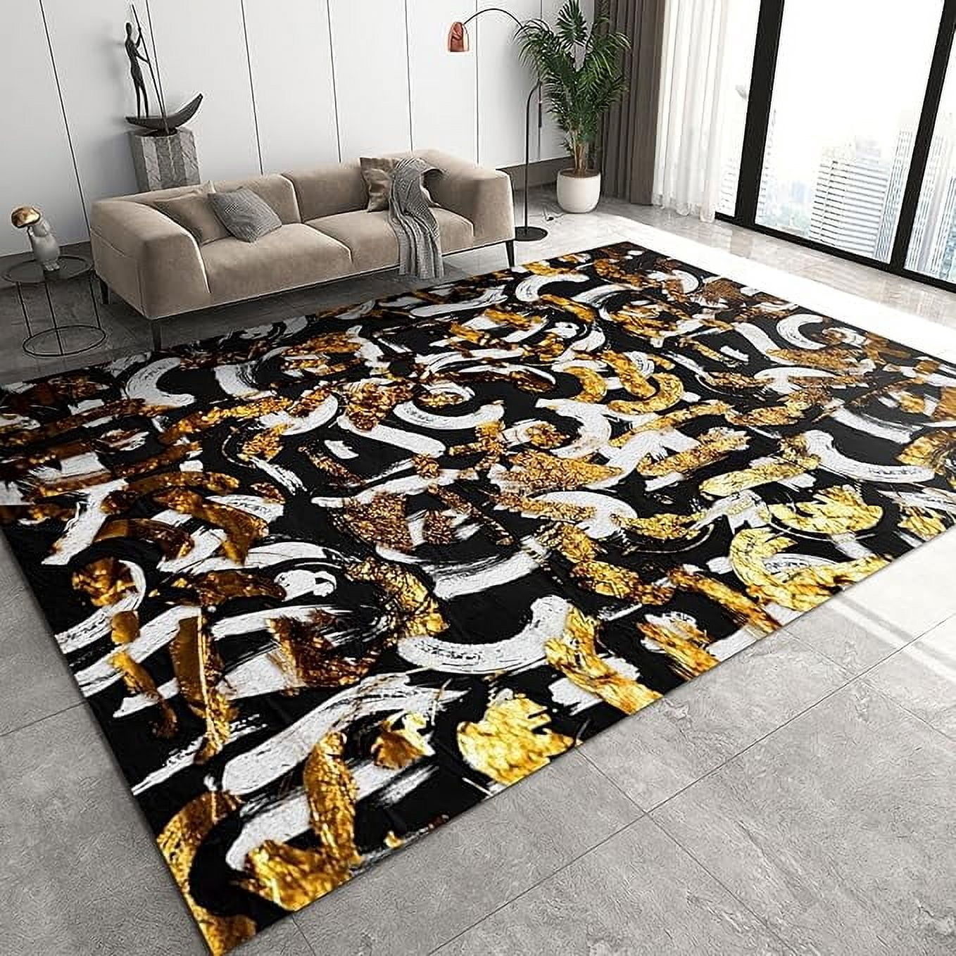 Study Rug Designs Black White Gold Abstract Graffiti Area Rug, Modern Art Personality ...