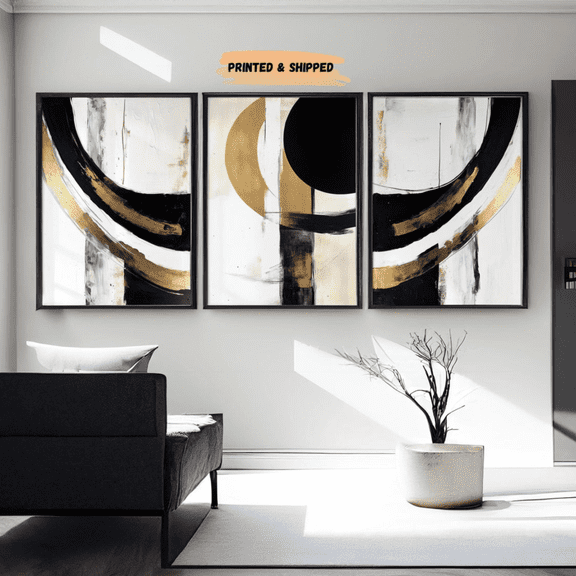 Black White Gold Abstract Poster Set 3 Prints Set 3 16x24, Poster Only