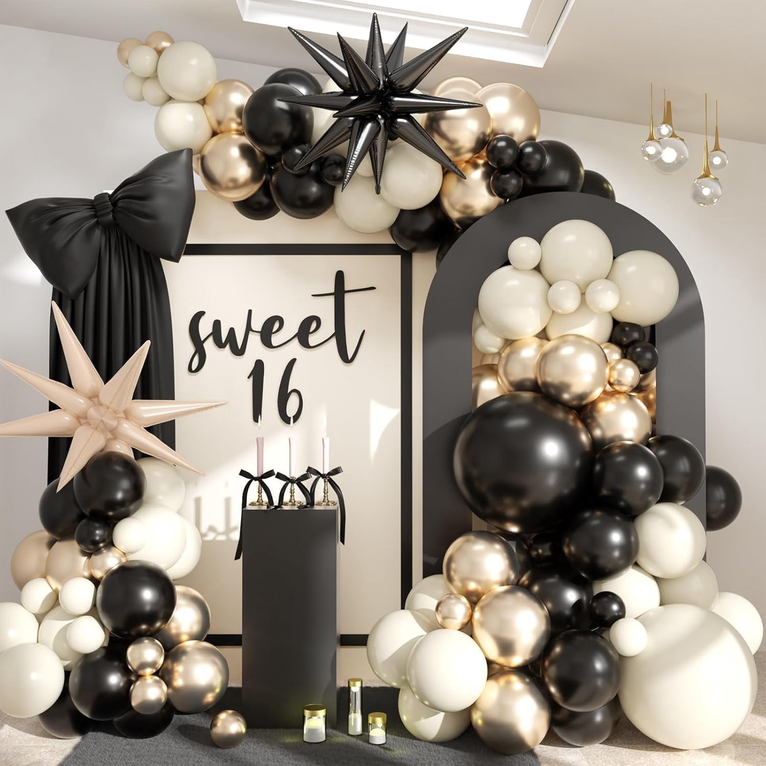 Black White Gold Balloon Garland Kit, 115Pc Beige Sand Cream Metallic Arch Explosion Star Foil Balloons for Girls Women Birthday Bachelorette Graduation Coquette Party Decoration