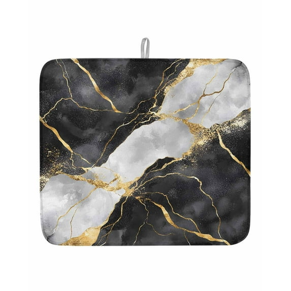 Black And White Gold Dish Drying Mat, Abstract Marble Textured Absorbent Dish Drying Matt Pad for Kitchen Countertops,Sinks,Dish Drainer Racks, Small 16x18inx1Pc,