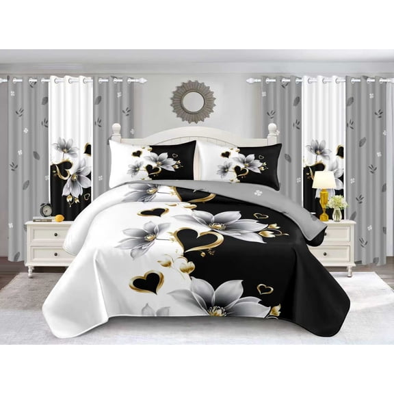 Black & White Gold Floral Heart 4-Piece King Comforter Set  Bamboo Polyester, All-Season Bedding